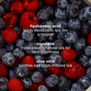 Berries with text about hyaluronic acid, squalane, and aloe vera benefits on a dark background