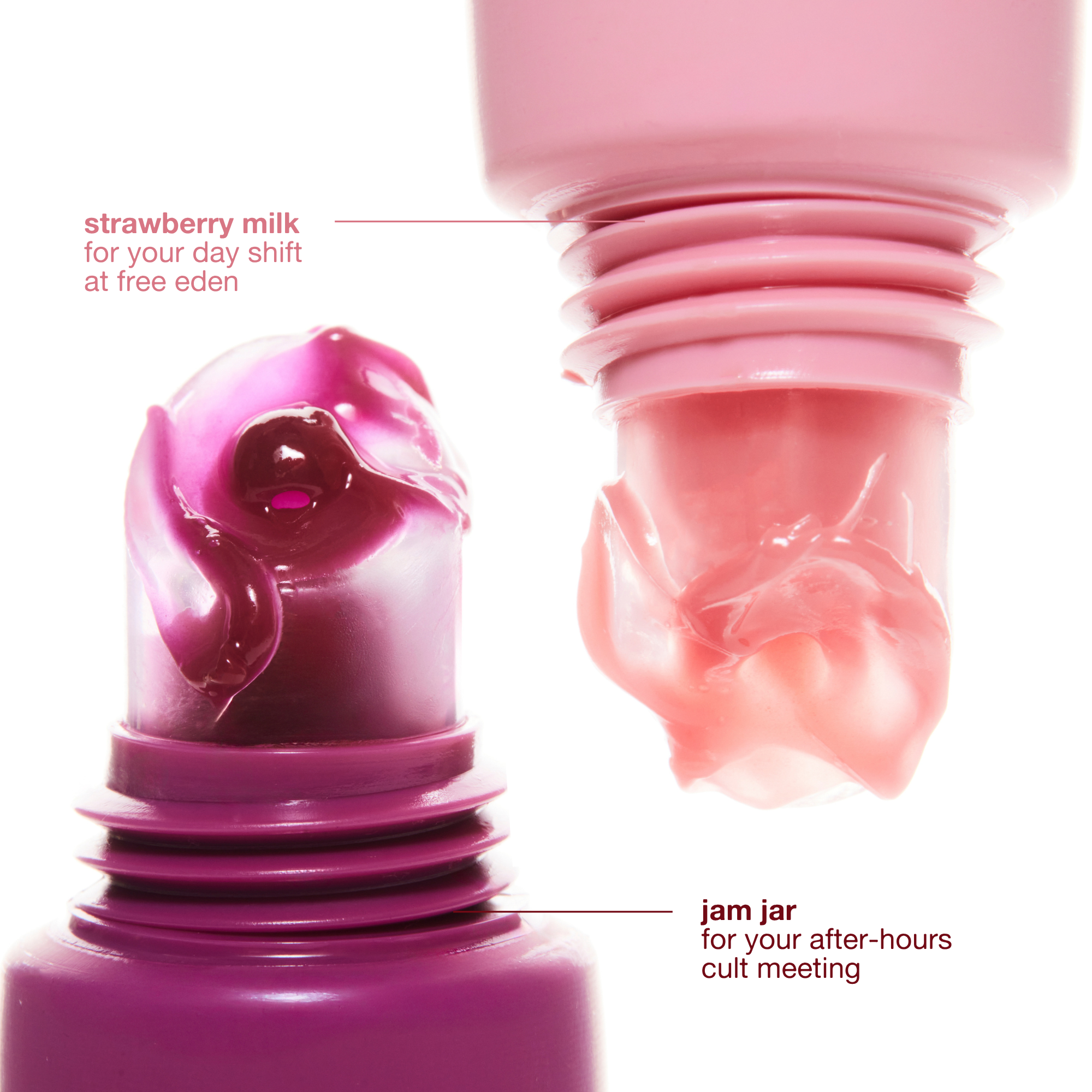 Two pink containers labeled 'strawberry milk' and 'jam jar' on a white background.