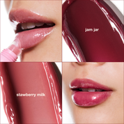 Lipstick shades 'jam jar' and 'strawberry milk' applied to lips with close-up views.