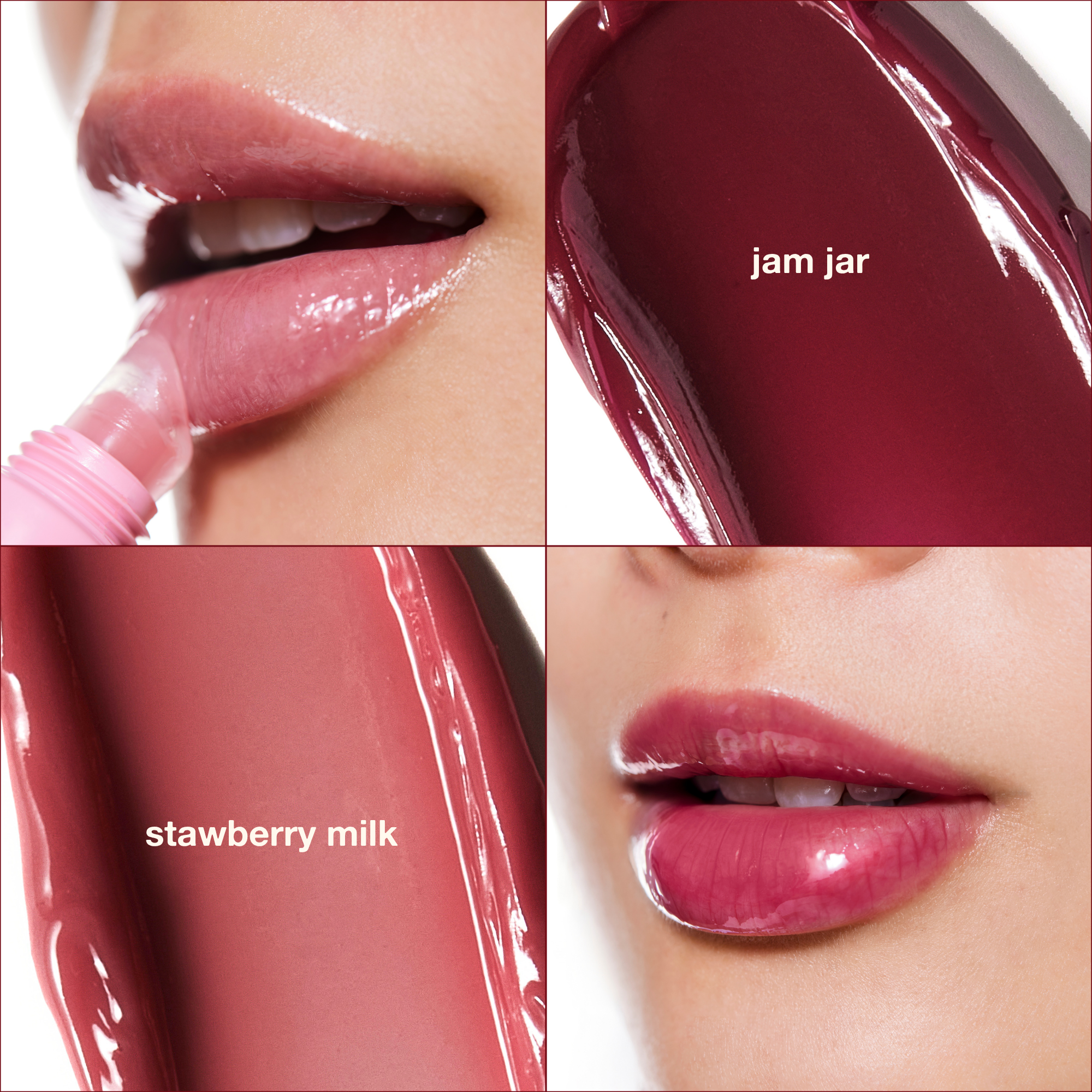 Lipstick shades 'jam jar' and 'strawberry milk' applied to lips with close-up views.